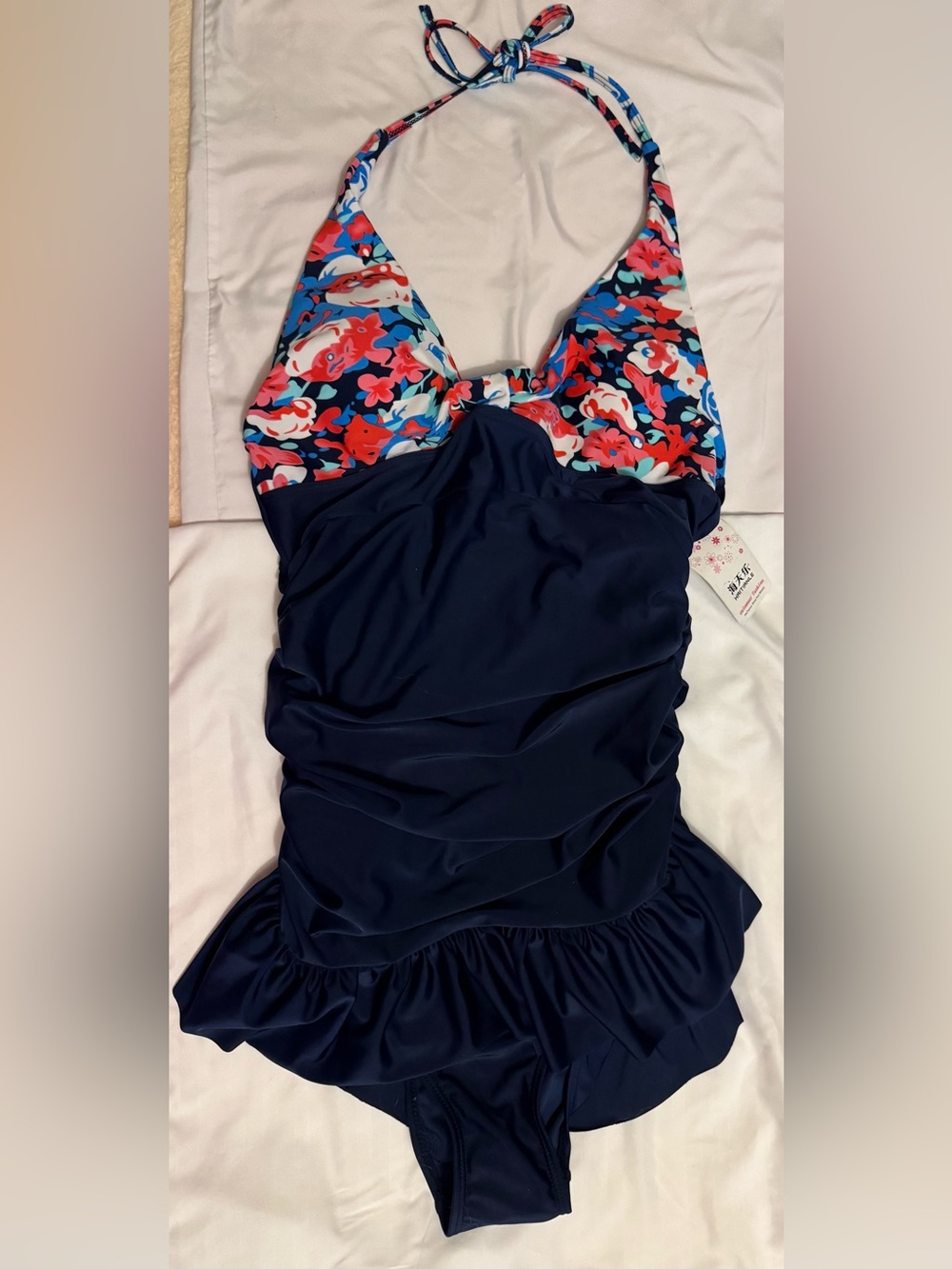 Navy One-Piece Swimsuit with Floral Bust